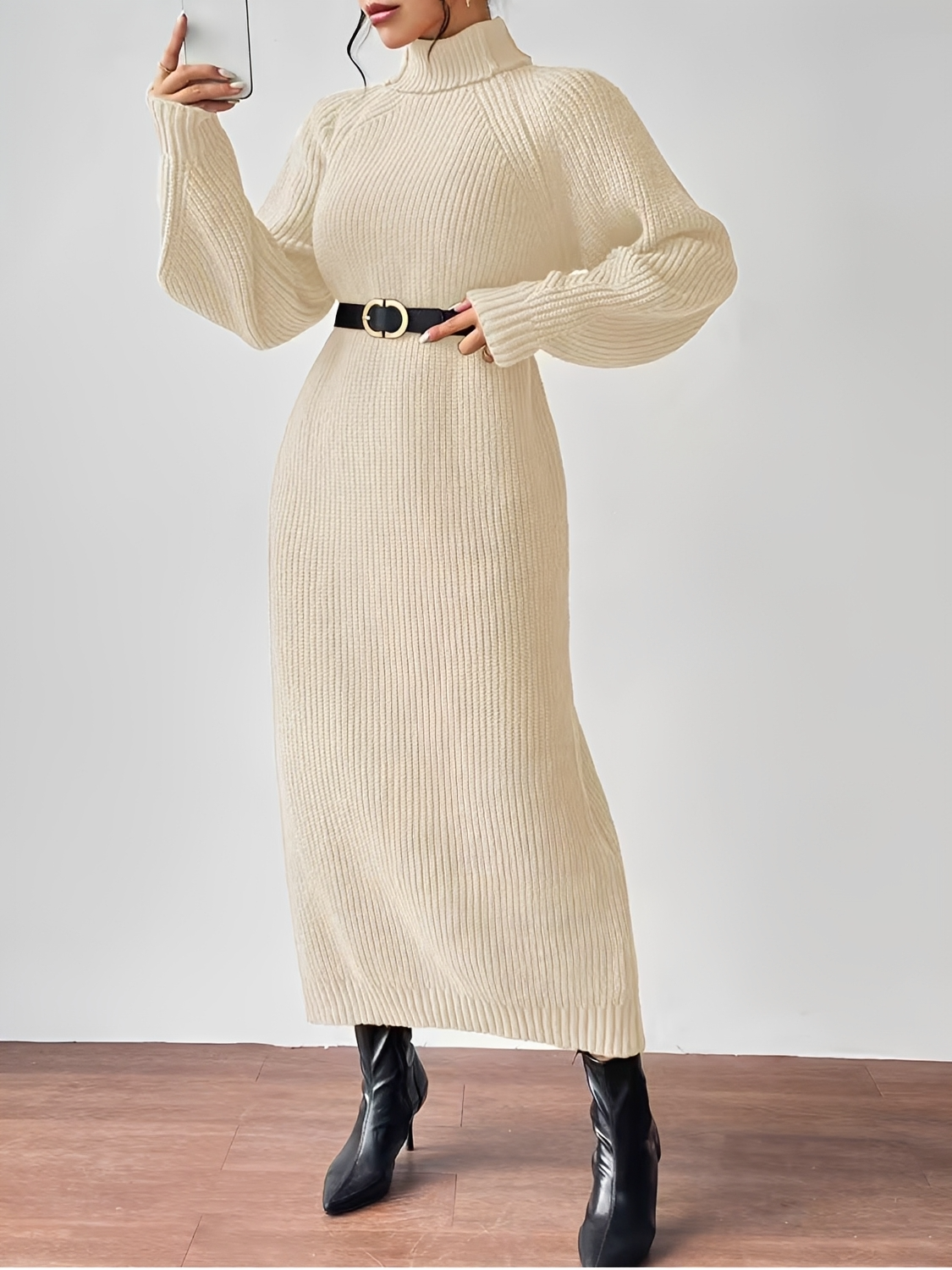 Vestido Suéter Midi em Tricô Canelado com Gola Alta e Mangas Longas - Julieta