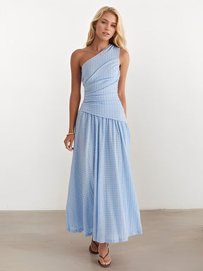 Vestido Longo Texturizado Ombro Assimétrico com Cintura Franzida- Thalita