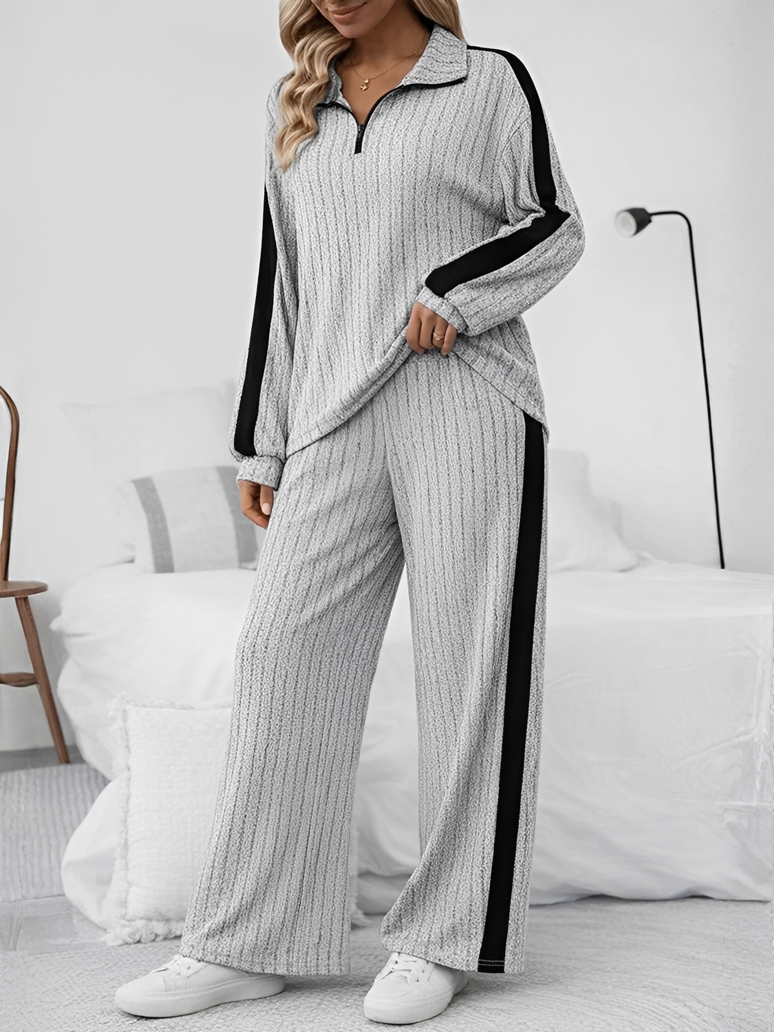 Conjunto Canelado com Suéter Gola V de Zíper e Calça Pantalona – Ivy [FRETE FULL]