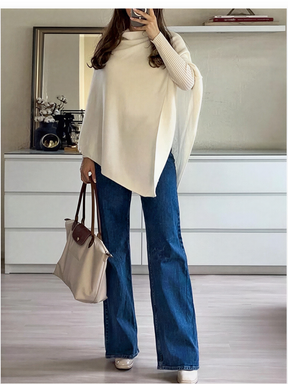 Poncho em Tricô com Barra Assimétrica e Gola Ampla Elegante – Tiana