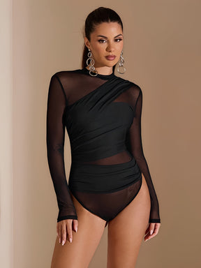 Body Bandage Assimétrico com Recortes e Manga em Tule com Transparência - Aricela