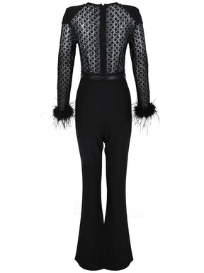 Macacão de Renda com Lantejoulas Plumas e Calça Flare de Veludo - Noir