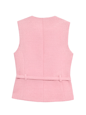 Colete Feminino Tweed Acinturado com Cinto e Bolsos Decorativo - Corine