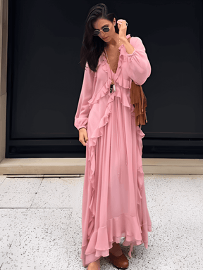 Vestido Longo em Chiffon com Babados Decote em V e Mangas Longas  – Amelie