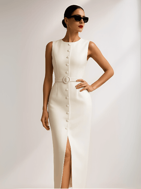 Vestido Midi Sem Mangas com Botões Forrados Cinto e Fenda – Selena [FRETE FULL]