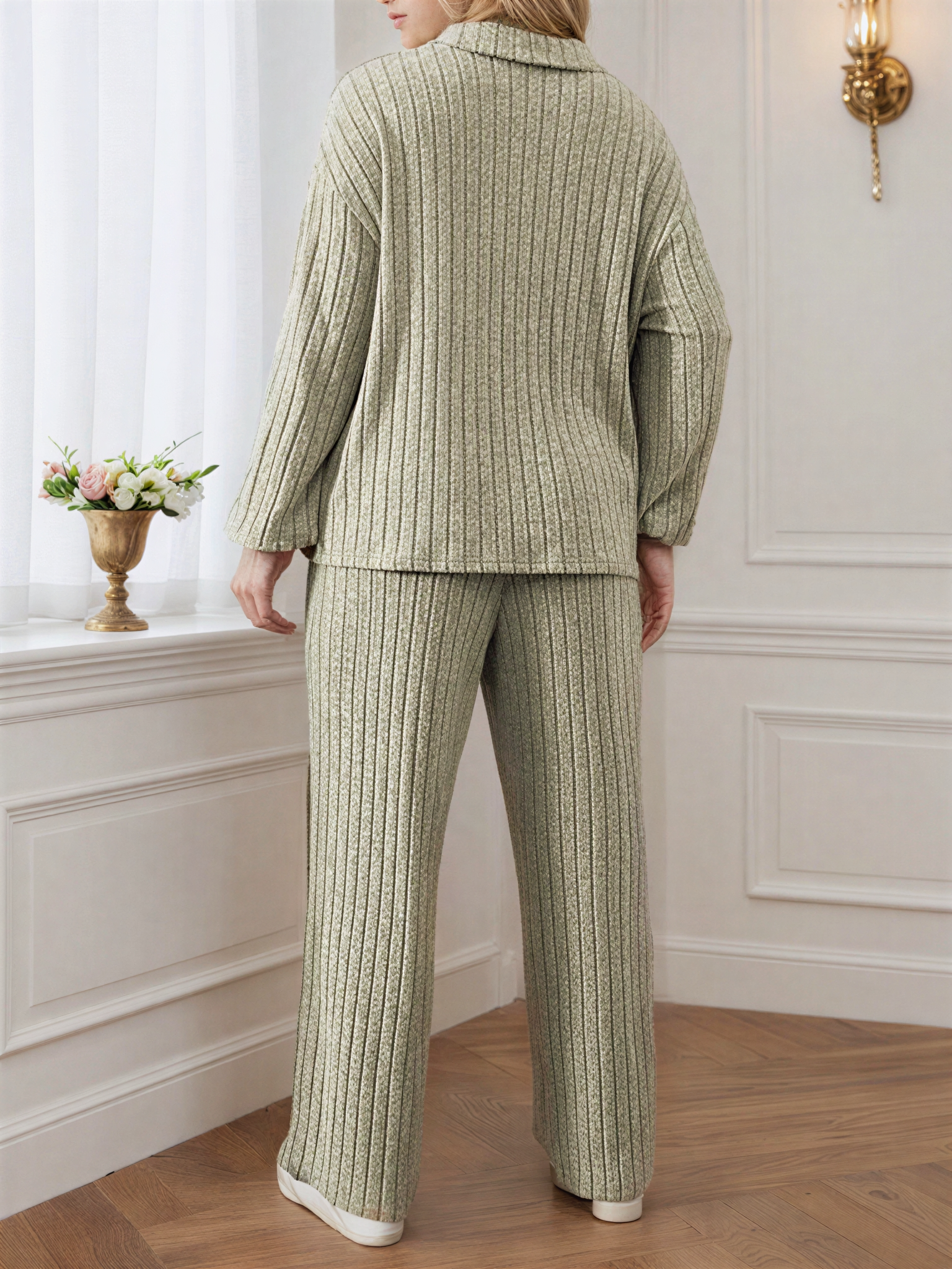Conjunto Canelado com Suéter Gola V de Zíper e Calça Pantalona – Ivy [FRETE FULL]