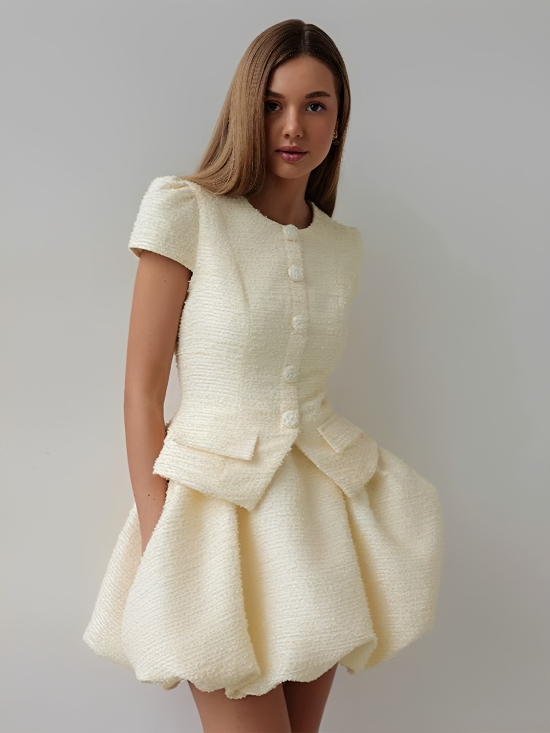 Conjunto em Tweed Blusa Manga Bufante Estruturada e Saia Balonê –  Nari