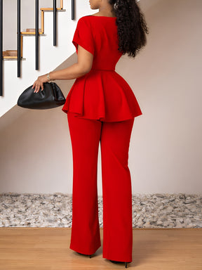 Conjunto Blusa Peplum com Cinto Faixa e Calça Pantalona Elegante - Marian