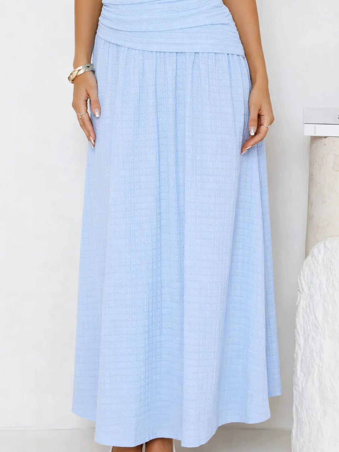 Vestido Longo Texturizado Ombro Assimétrico com Cintura Franzida- Thalita