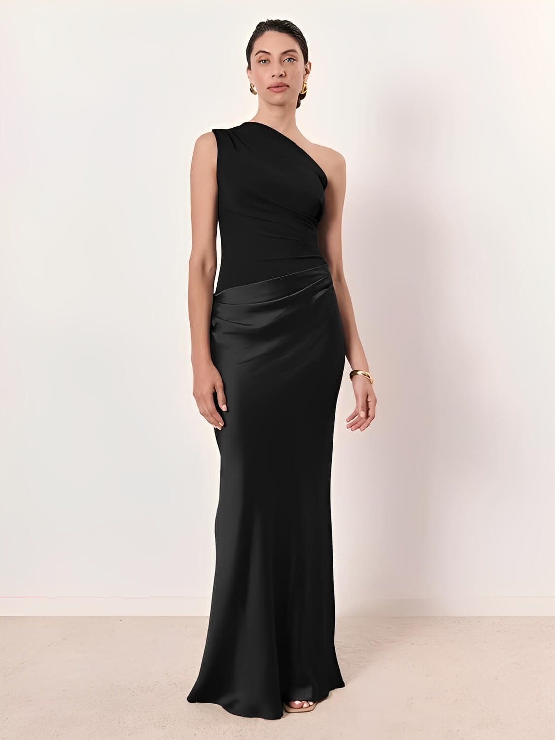 Vestido Longo Acinturado Acetinado Decote Diagonal e Ombro Único – Mirela [FRETE FULL]