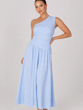 Vestido Longo Texturizado Ombro Assimétrico com Cintura Franzida- Thalita