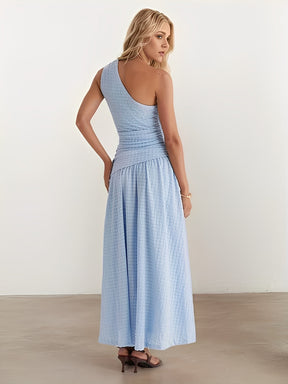 Vestido Longo Texturizado Ombro Assimétrico com Cintura Franzida- Thalita