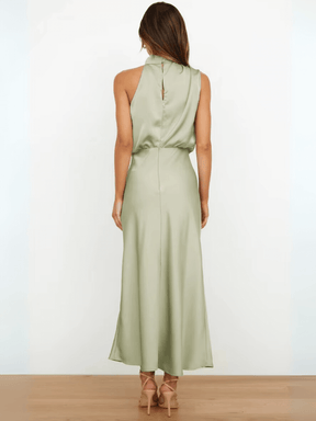 Vestido Midi Acetinado Acinturado com Gola Alta Drapeada Elegante – Rayca [FRETE FULL]