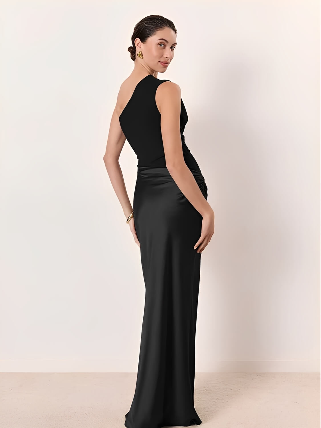 Vestido Longo Acinturado Acetinado Decote Diagonal e Ombro Único – Mirela [FRETE FULL]