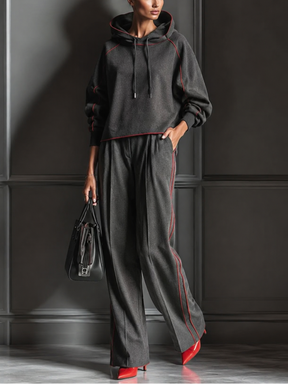 Conjunto Esportivo Casaco Capuz e Calça Wide Leg com Faixa Lateral- Darla