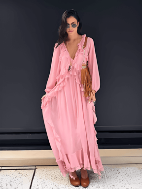 Vestido Longo em Chiffon com Babados Decote em V e Mangas Longas  – Amelie