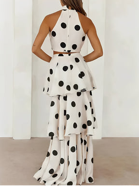 Conjunto Poá em Chiffon com Top Halter e Saia Longa em Camadas - Sibeli