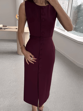Vestido Midi Sem Mangas com Botões Forrados Cinto e Fenda – Selena [FRETE FULL]