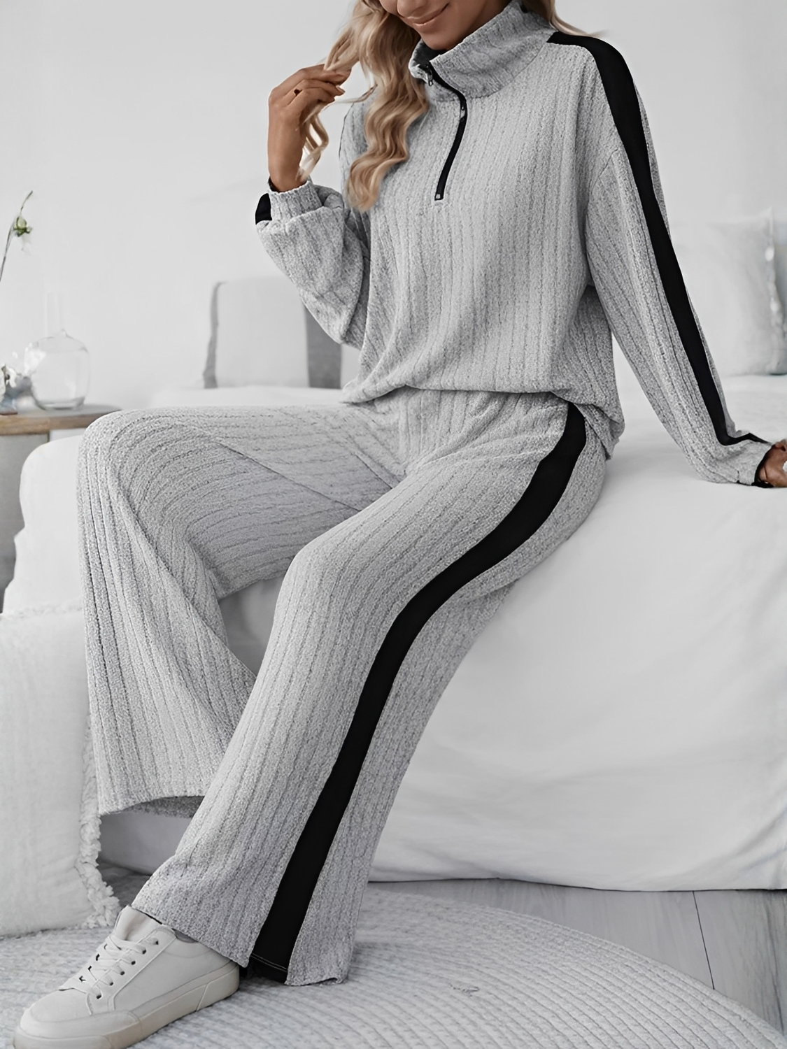 Conjunto Canelado com Suéter Gola V de Zíper e Calça Pantalona – Ivy [FRETE FULL]