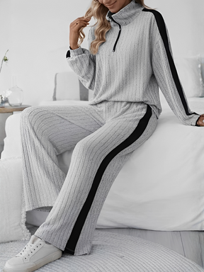 Conjunto Canelado com Suéter Gola V de Zíper e Calça Pantalona – Ivy [FRETE FULL]