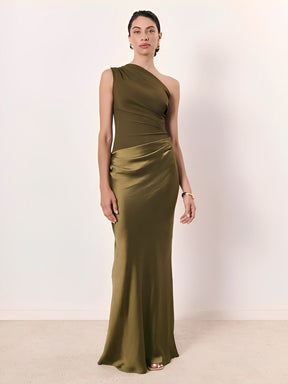 Vestido Longo Acinturado Acetinado Decote Diagonal e Ombro Único – Mirela [FRETE FULL]