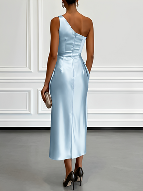 Vestido Midi Acetinado Acinturado com Decote Assimétrico e Drapeado Elegante - Penelope