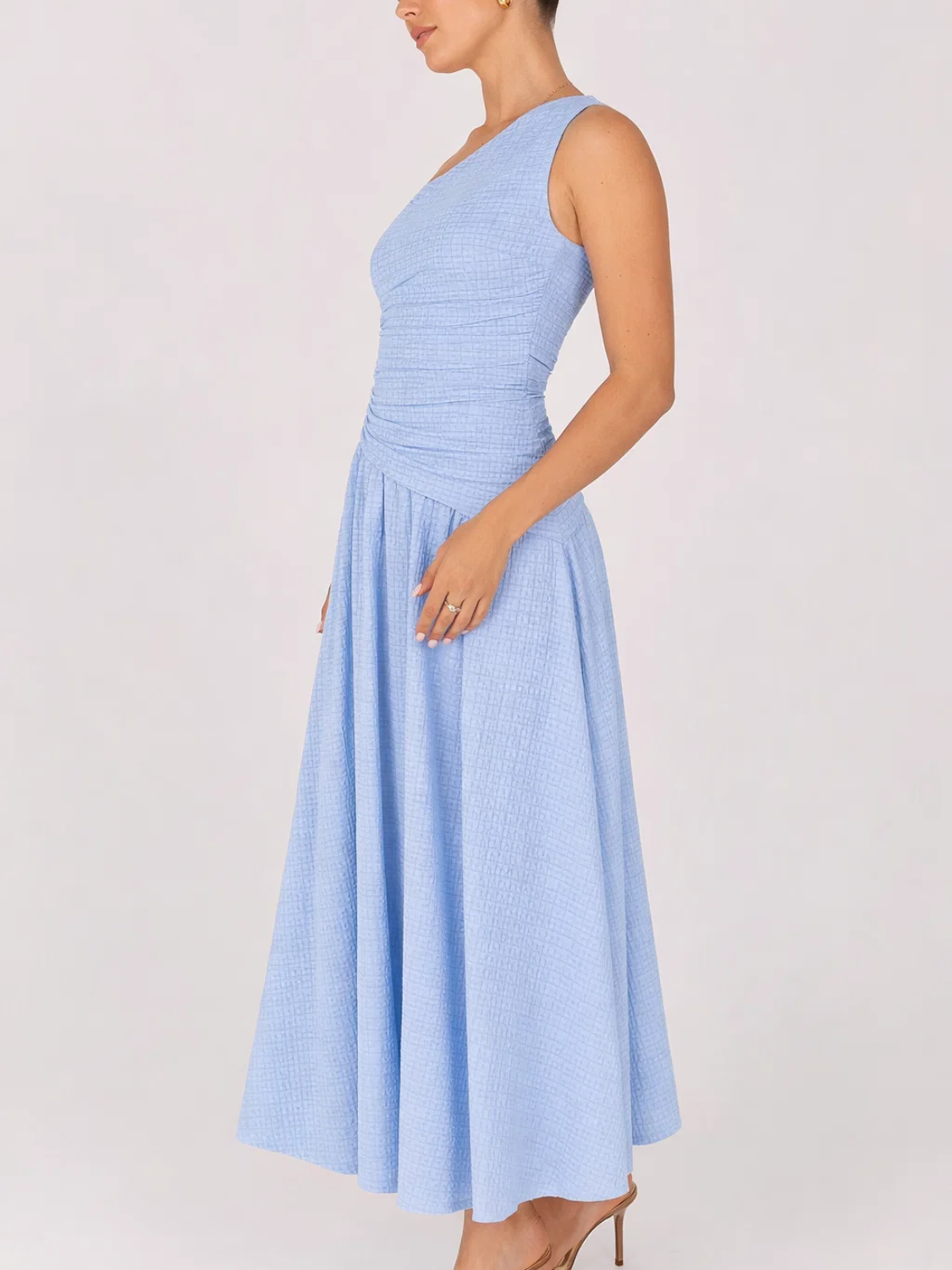 Vestido Longo Texturizado Ombro Assimétrico com Cintura Franzida- Thalita