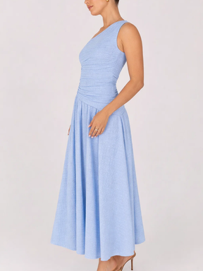 Vestido Longo Texturizado Ombro Assimétrico com Cintura Franzida- Thalita