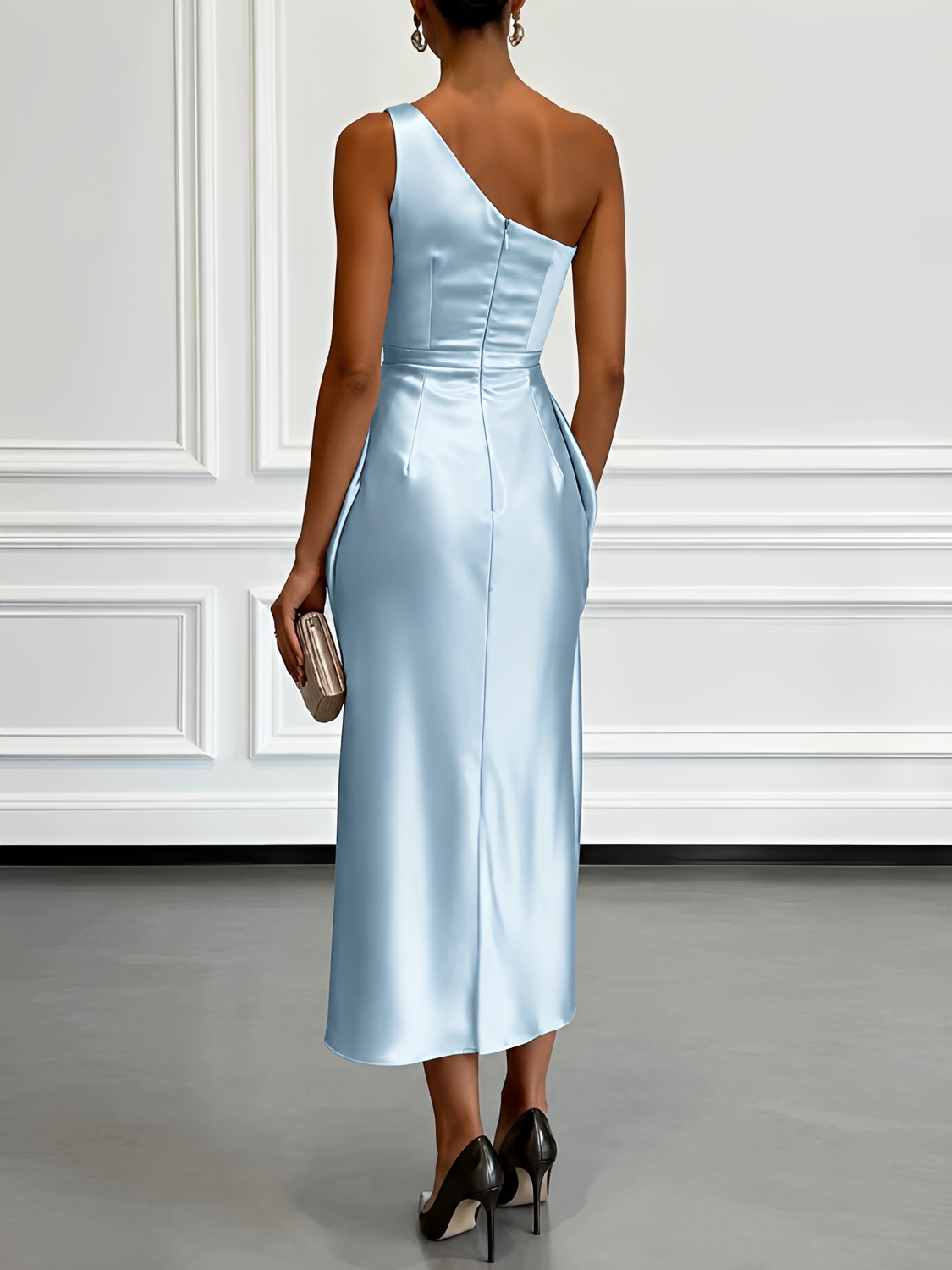 Vestido Midi Acetinado Acinturado com Decote Assimétrico e Drapeado Elegante - Penelope [FRETE FULL]