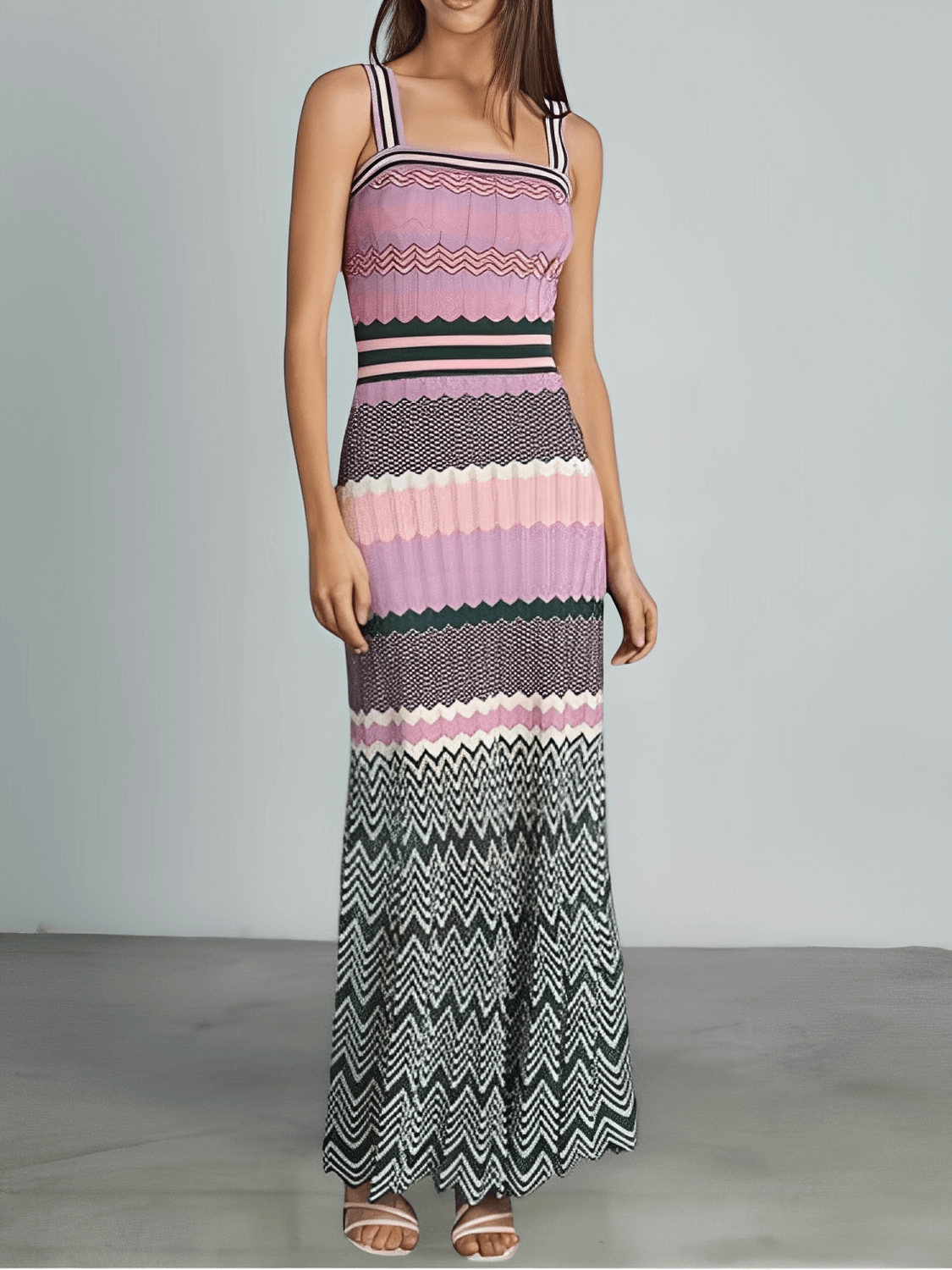 Vestido Longo Estampa em Patchwork de Alças e Decote Quadrado - Malika