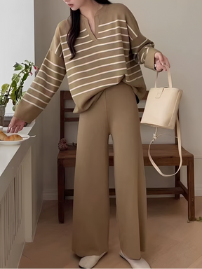 Conjunto em Tricô com Suéter Oversized Listrado e Calça Wide Leg - Caroline