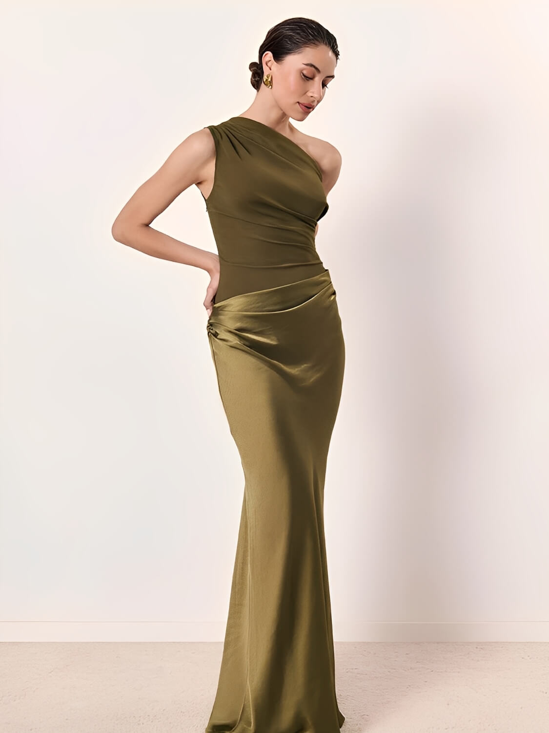 Vestido Longo Acinturado Acetinado Decote Diagonal e Ombro Único – Mirela [FRETE FULL]