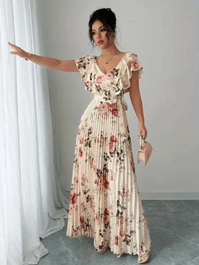 Vestido Longo Floral Plissado com Babados e Faixa-Cinto – Laís