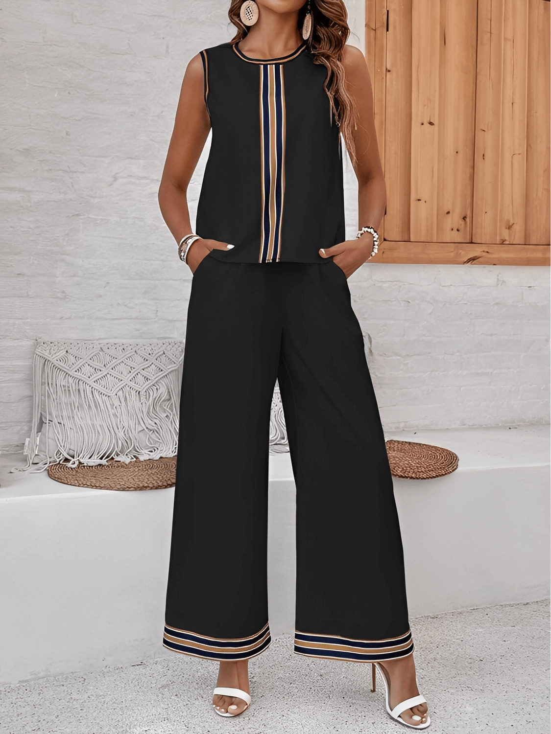 Conjunto com Blusa Regata Estampada e Calça Cós Alto com Bolsos - Melody [FRETE FULL]