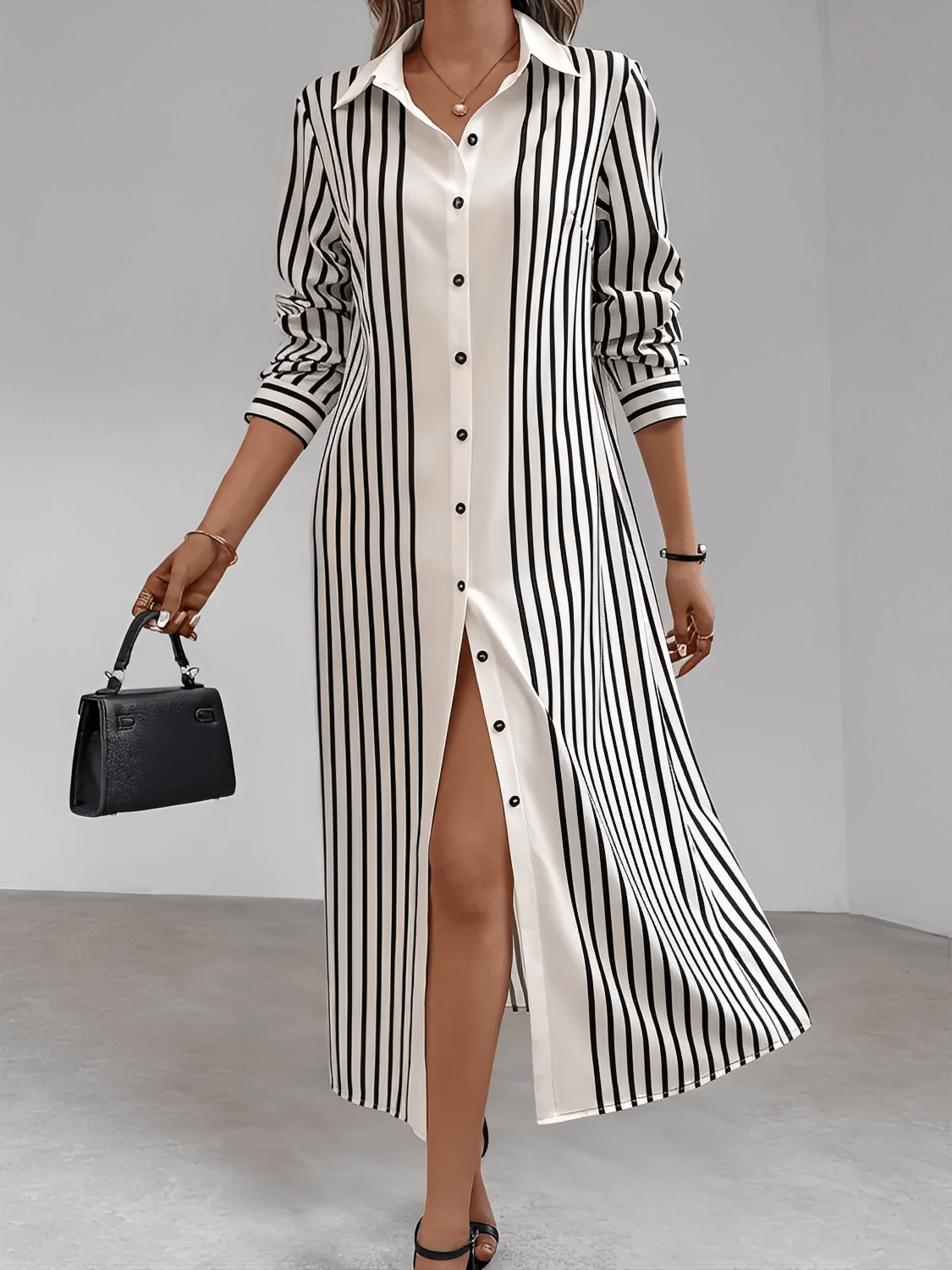 Vestido Chemise com Listras Verticais e Botões Frontais Elegantes – Julia