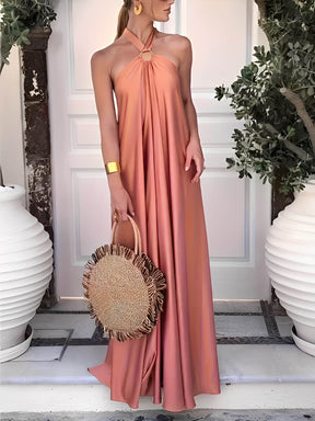 Vestido Longo Acetinado com Gola Halter e Costas Vazadas - Hailey [FRETE FULL]