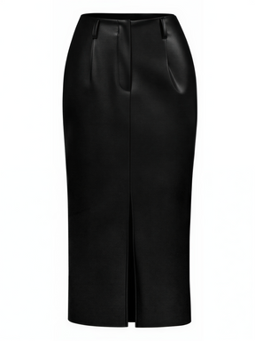 Saia Midi em Couro PU com Fenda Frontal Elegante e Cintura Alta – Germana