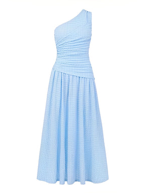 Vestido Longo Texturizado Ombro Assimétrico com Cintura Franzida- Thalita
