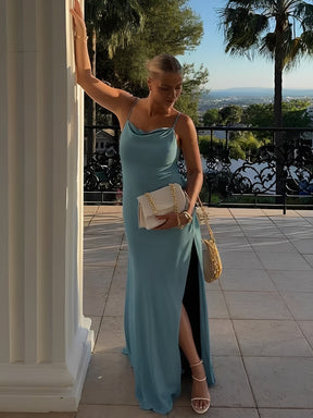 Vestido Longo de Festa Acetinado Alças Finas e Costas Vazadas em V– Alya [FRETE FULL]