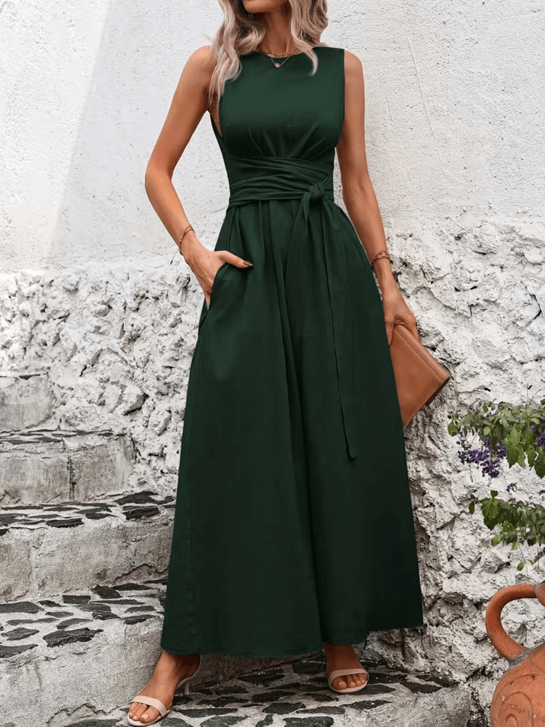 Vestido Longo Regata Acinturado com Faixa Ajustável e Bolsos – Amira [FRETE FULL]