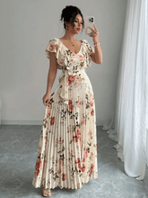 Vestido Longo Floral Plissado com Babados e Faixa-Cinto – Laís
