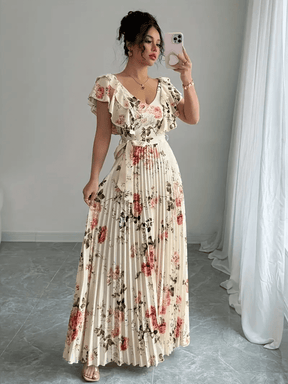Vestido Longo Floral Plissado com Babados e Faixa-Cinto – Laís