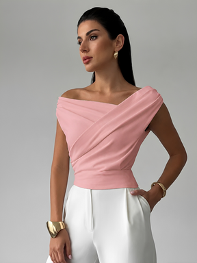 Blusa com Decote Ombo a Ombro Assimétrico e Drapeado Elegante - Emy [FRETE FULL]