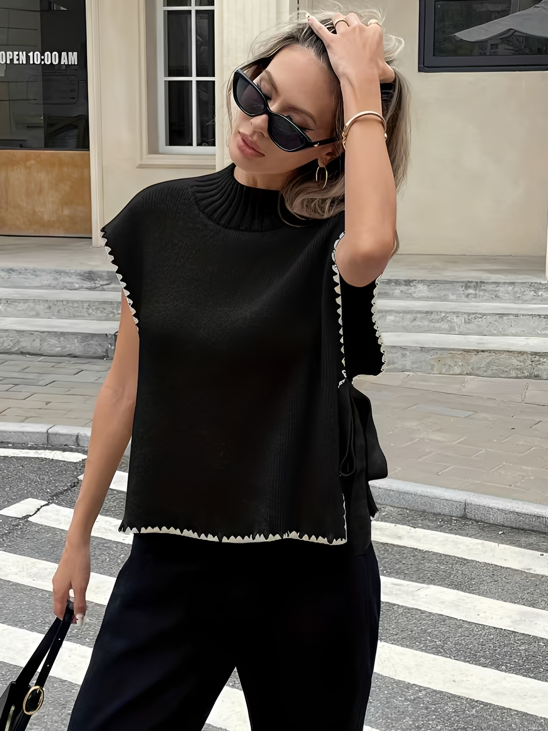 Colete em Tricô Oversized com Gola Alta e Amarração Lateral - Callie