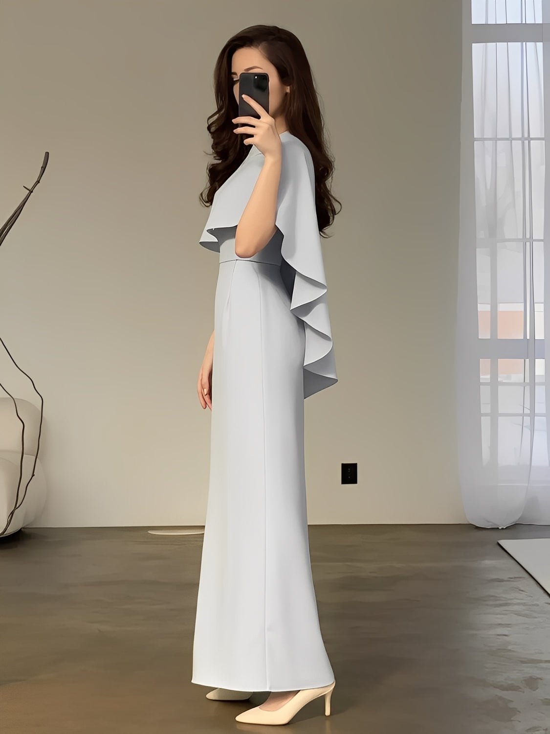 Vestido Longo de Festa Acinturado com Capa Peplum Elegante - Amna [FRETE FULL]