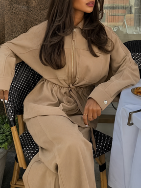 Conjunto em Sarja Jaqueta Oversized Ajustável e Calça Wide Leg - Monique