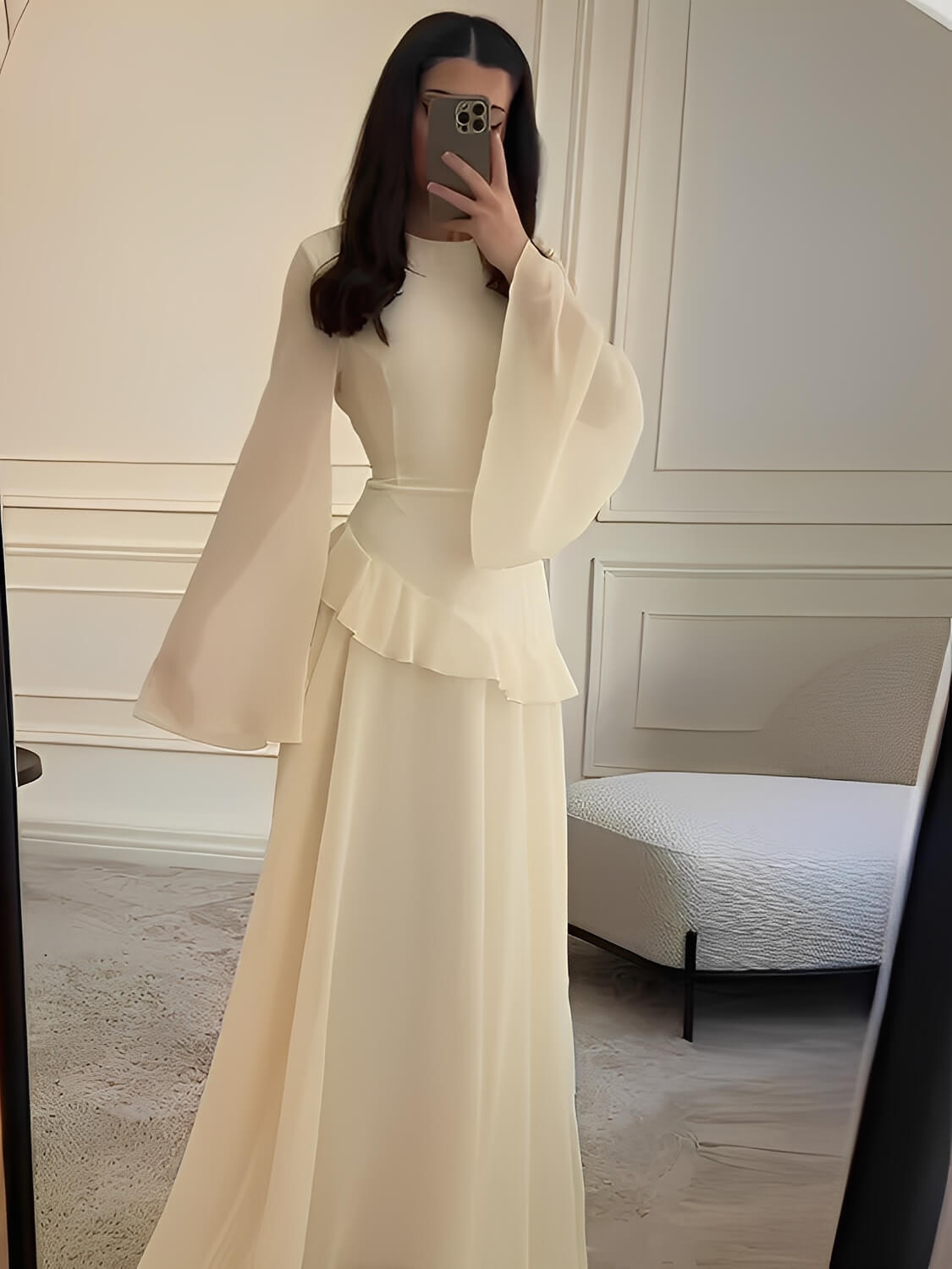 Vestido Longo de Festa em Chiffon com Manga Sino Babado e Amarração - Rubia
