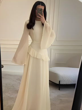 Vestido Longo de Festa em Chiffon com Manga Sino Babado e Amarração - Rubia