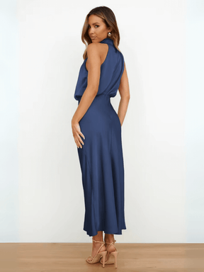 Vestido Midi Acetinado Acinturado com Gola Alta Drapeada Elegante – Rayca [FRETE FULL]