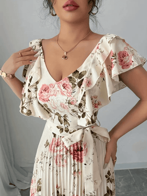 Vestido Longo Floral Plissado com Babados e Faixa-Cinto – Laís
